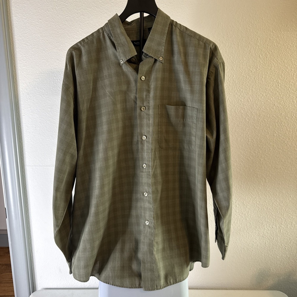 Van Heusen Men's Dress Shirt Regular Long Sleeve Green Checked Size XL